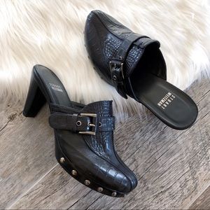 STUART WEITZMAN Black Croc Print Leather Mules
